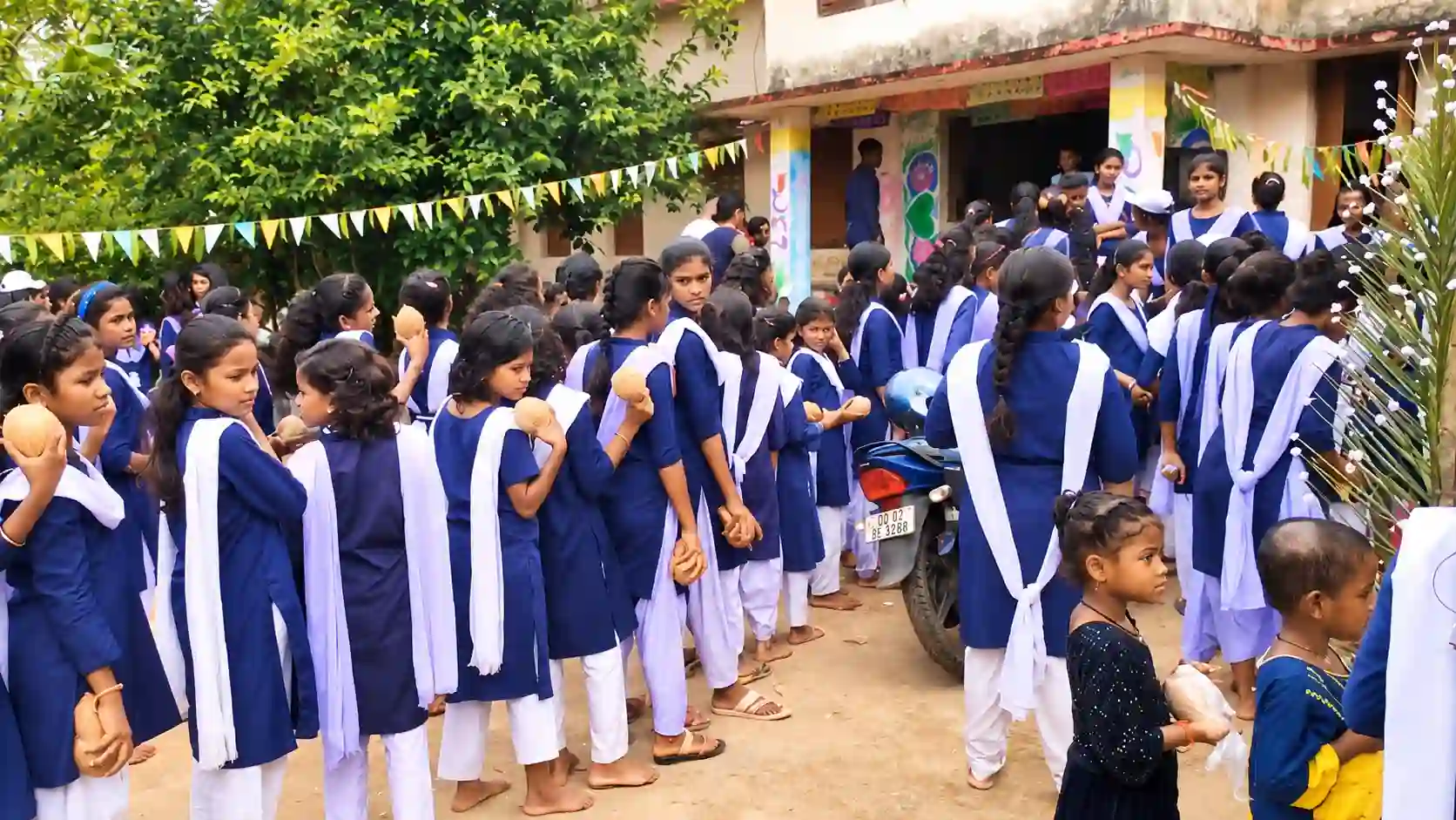 Students wearing school uniform during Ganesh Puja
