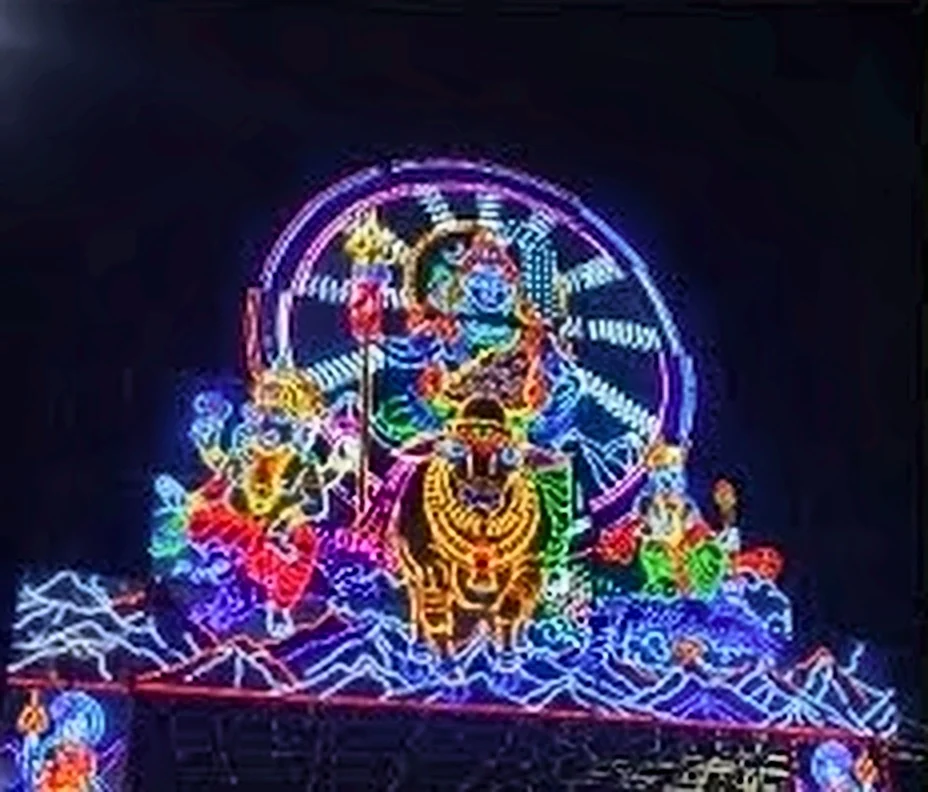 High-density programmable pixel LED animated entrance gate rising four stories high in Dhenkanal