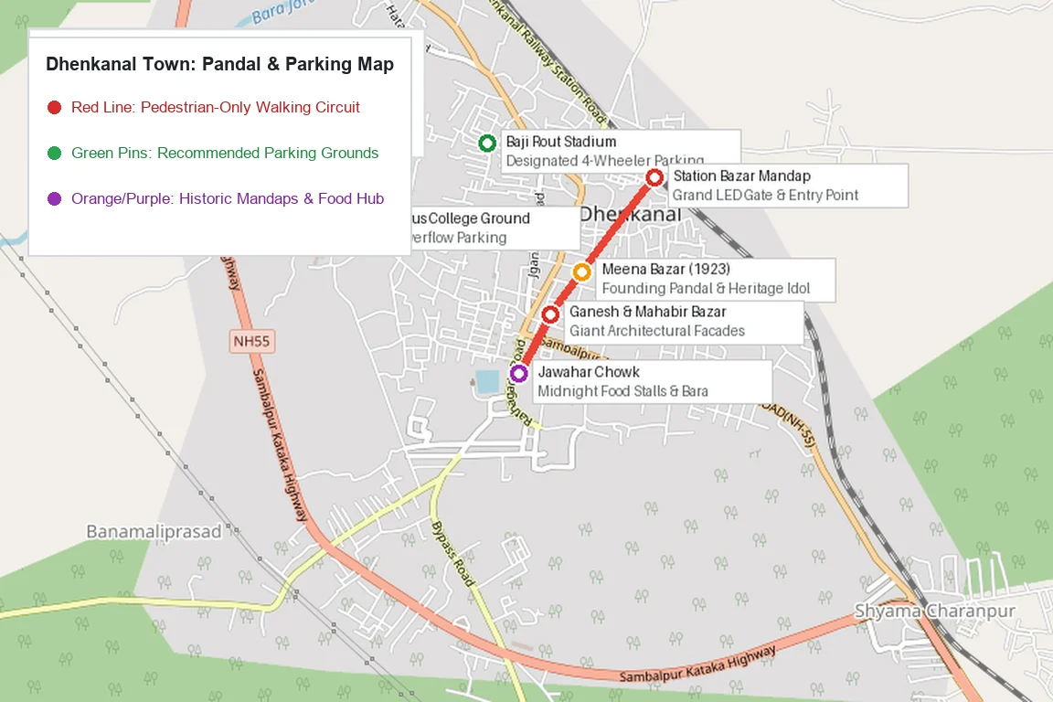 Dhenkanal town circuit and traffic parking zones map for Laxmi Puja visitors