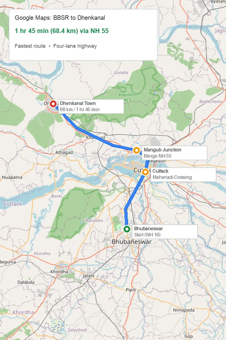 Road trip route map from Bhubaneswar and Cuttack to Dhenkanal via NH 16 and NH 55
