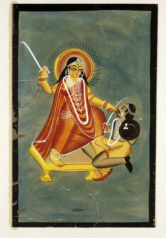 Goddess Bagalamukhi in golden yellow attire seated on throne pulling demon tongue with club in hand, the eighth Dasha Mahavidya | localdrive