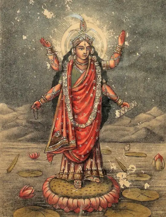Goddess Tripura Bhairavi radiant with solar effulgence in red attire holding rosary and sacred text, the fifth Dasha Mahavidya | localdrive