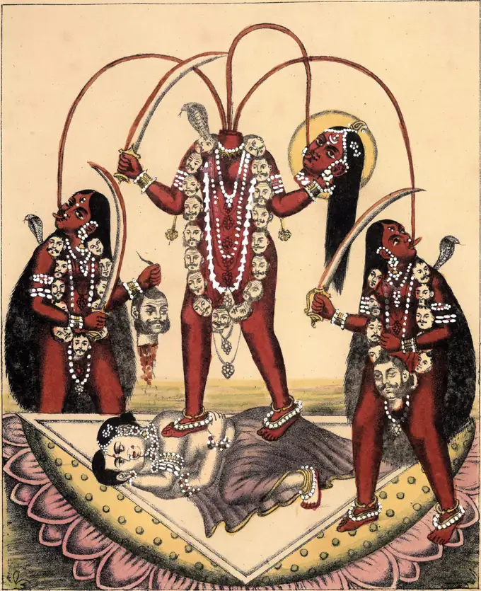 Goddess Chhinnamasta holding her severed head with blood streams nourishing attendants while standing on Kama and Rati, the sixth Dasha Mahavidya | localdrive