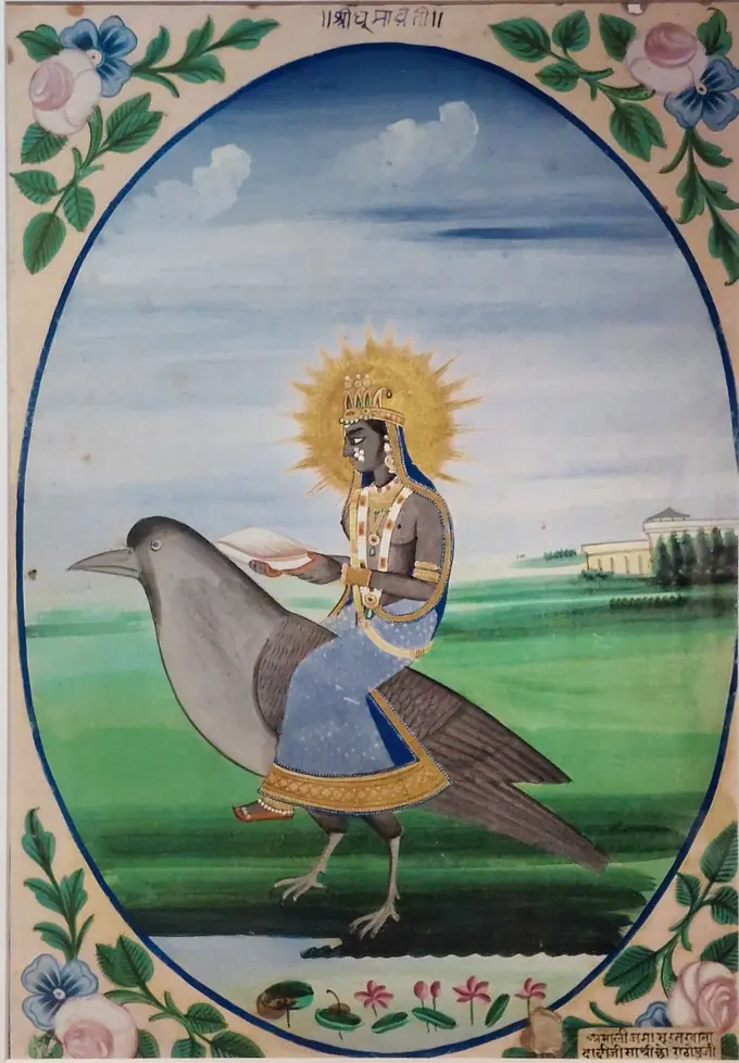 Goddess Dhumavati elder widow deity with winnowing basket riding a crow with golden halo, the seventh Dasha Mahavidya | localdrive