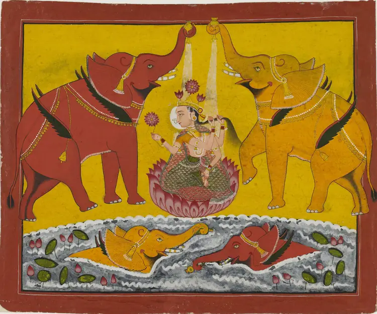 Goddess Kamala seated on pink lotus flanked by celestial elephants pouring holy water in abhisheka, the tenth Dasha Mahavidya | localdrive