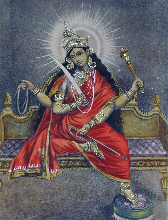 Goddess Matangi with emerald green complexion and crescent crown holding sword and noose seated on throne, the ninth Dasha Mahavidya | localdrive