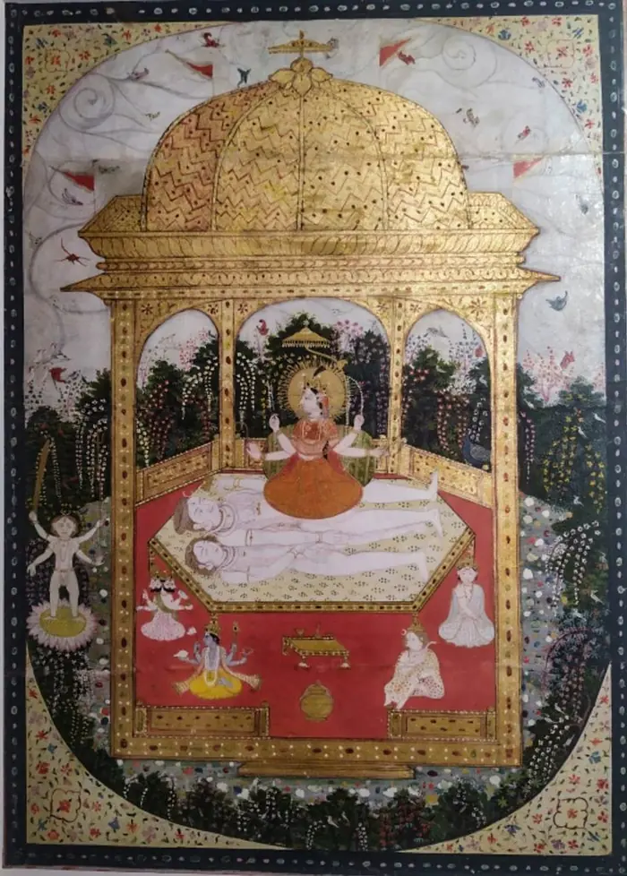 Goddess Shodashi Tripura Sundari seated upon the throne of Sadashiva in a golden pavilion, the third Dasha Mahavidya | localdrive