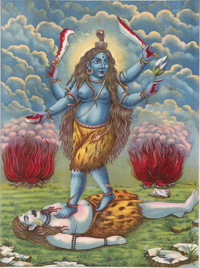 Goddess Tara with deep blue complexion standing on Lord Shiva with scimitar, skull-cup and blue lotus, the second Dasha Mahavidya | localdrive